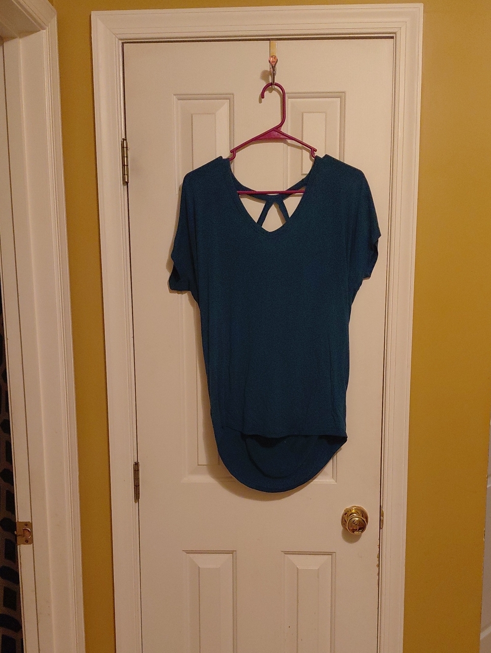 Express Teal Short-Sleeve V-Neck Tunic with Back Strap Detail